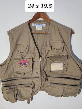 Vintage 90s Camel ”Joes Fish and Game Club” Large Beige Fishing Vest VGUC